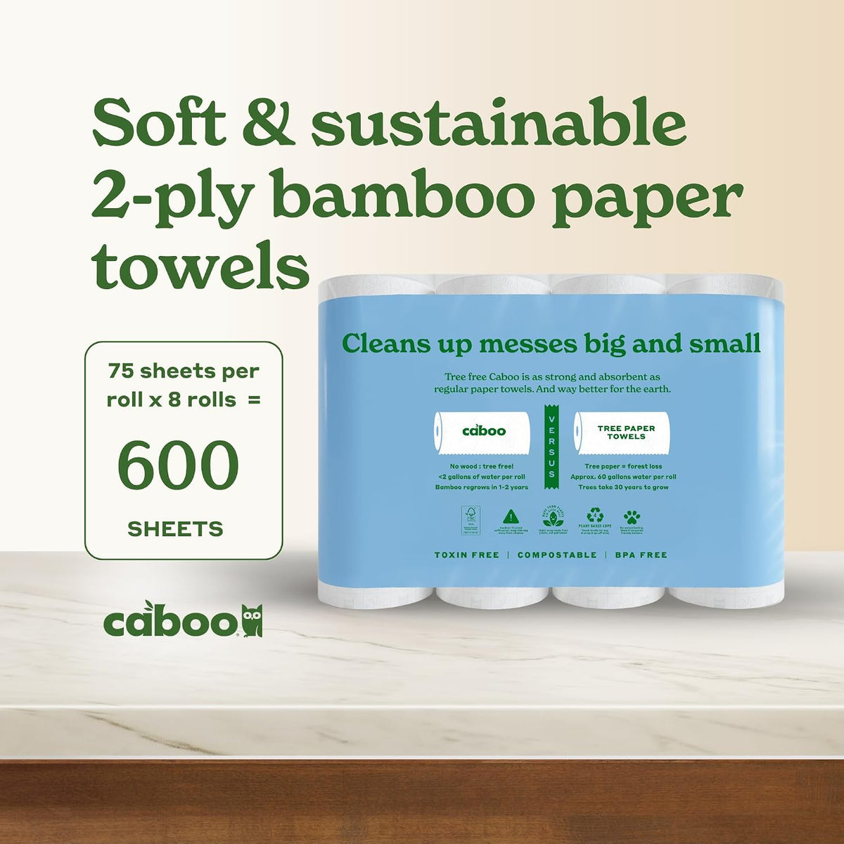 Caboo Tree Free Paper Towels, Sustainable, Toxin Free, 8 Family Size Rolls