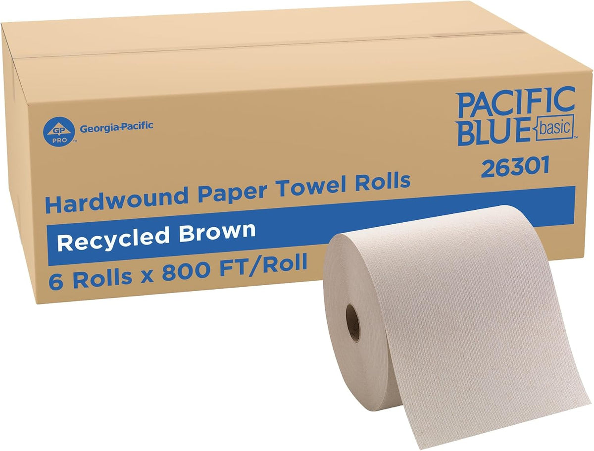 Pacific Blue Basic by Georgia-Pacific PRO Recycled Hardwound Paper Towel Rolls, Brown, 800 Feet Per Roll, 6 Rolls Per Case, 26301