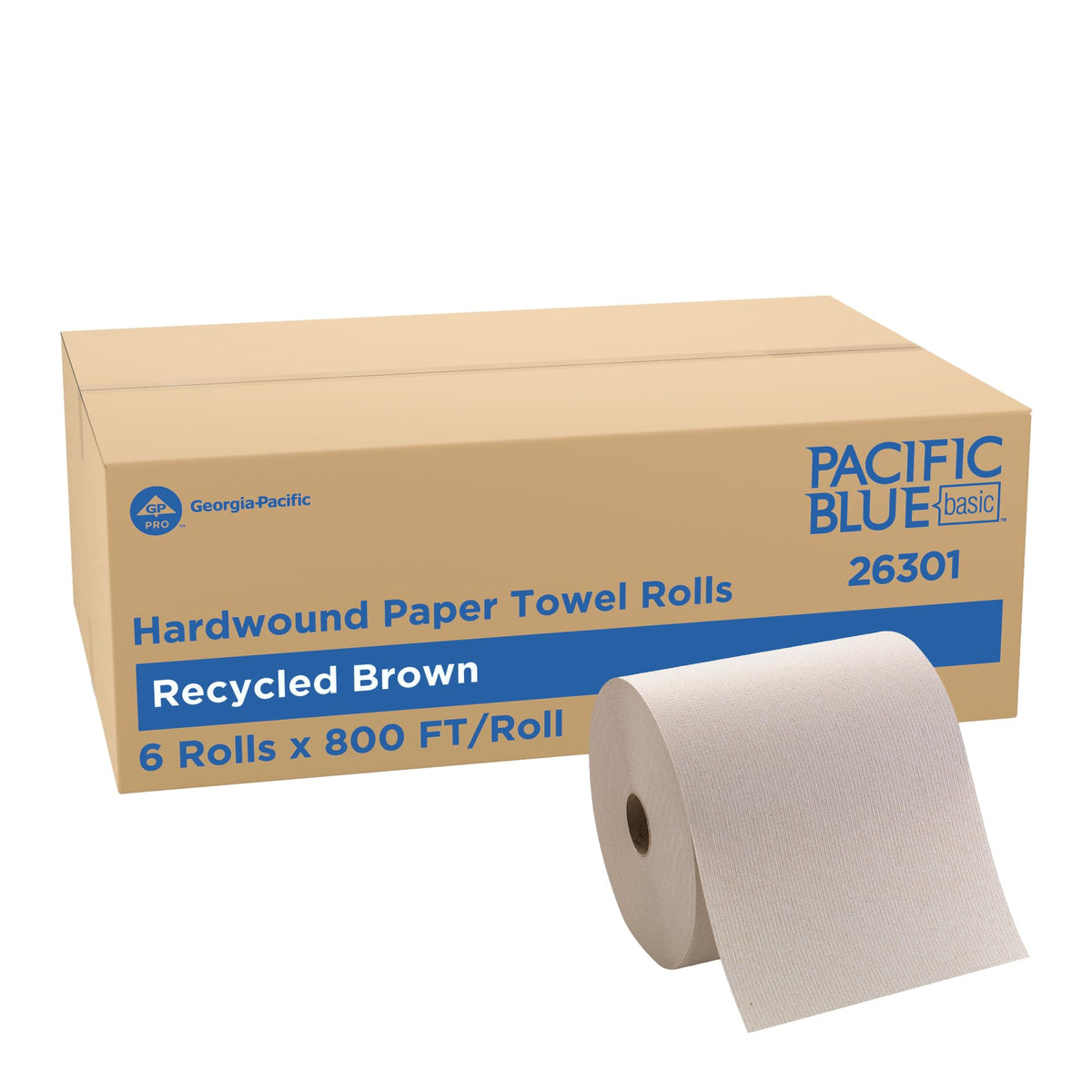 Pacific Blue Basic by Georgia-Pacific PRO Recycled Hardwound Paper Towel Rolls, Brown, 800 Feet Per Roll, 6 Rolls Per Case, 26301
