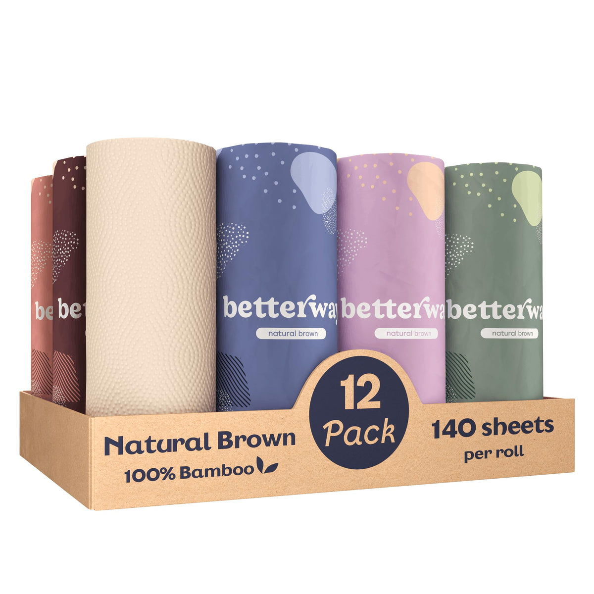 Betterway Bamboo Paper Towels - 6 Rolls, 2 Ply - Plastic Free, Disposable Kitchen Paper Towels - Select Size, Tree Free, Compostable, Strong & Absorbent, No Dyes - PFAS Free