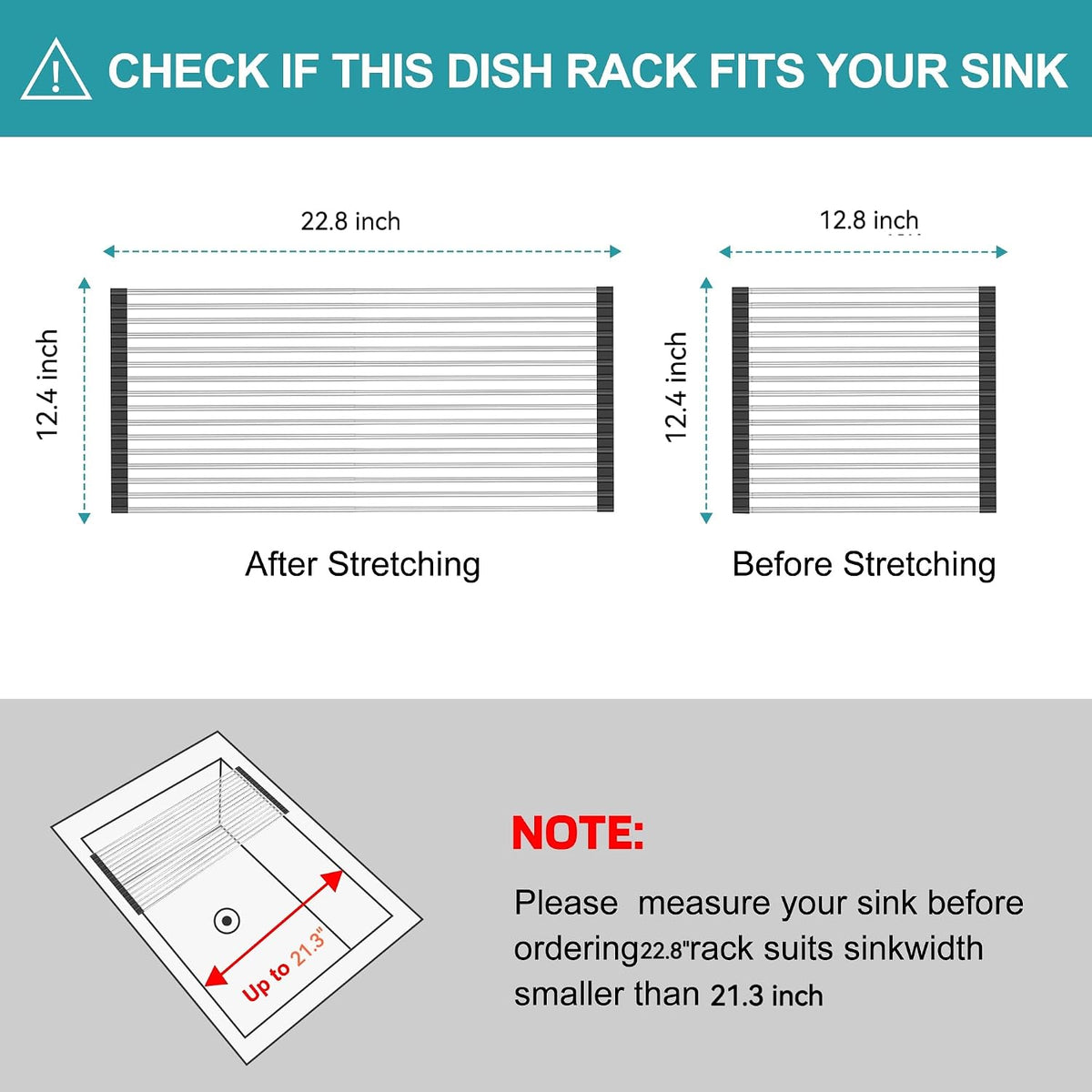 Extra Large Expandable Roll Up Dish Drying Rack,Over The Sink Drying Rack Sink Cover Kitchen Sink Accessories Kitchen Rolling up Stainless Steel Drainer, Foldable,Rollable（Black，22.8''-12.4''）