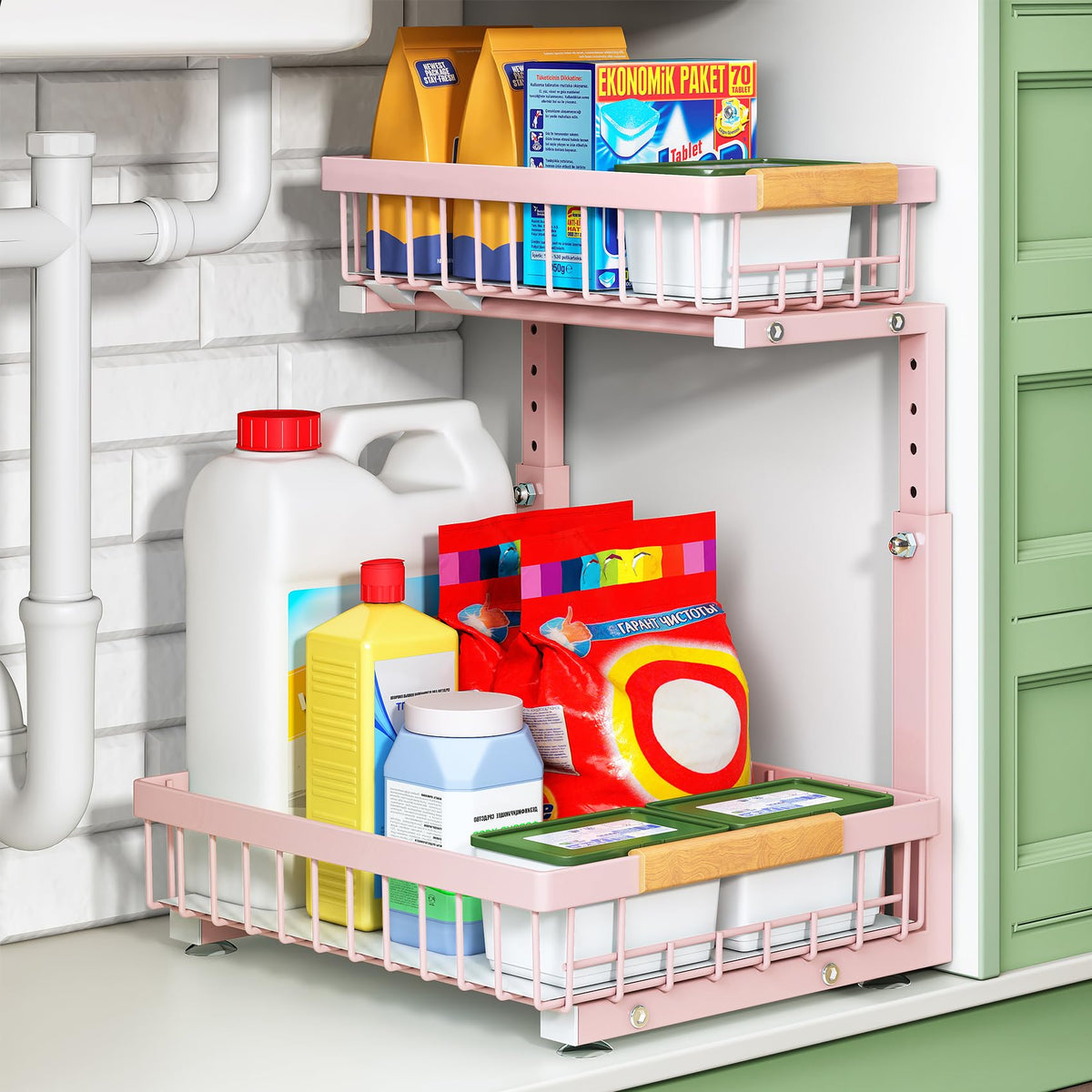 Kitstorack Under Sink Organizer, 2 Tier Under the Sink Storage, Slide out Pull out Cabinet Organizer Shelf, Metal Sliding Drawer for Kitchen Bathroom Pantry Closet Organization Rack, Black, 2 Pack