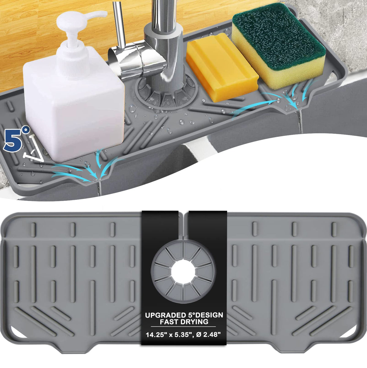 BFONS Silicone Faucet Handle Drip Catcher Drying Tray Mat Dish Soap Sponge Holder Accessories Gadgets for Kitchen Counter Bathroom Kitchen Sink Splash Guard -Grey
