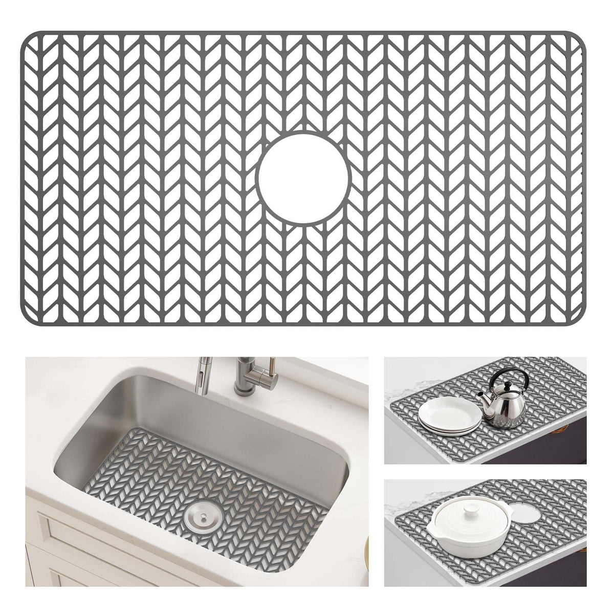 AWOKE Silicone Sink Protectors for Kitchen Sink, 12" x 11" Mat for bottom of sink, Center Drain Hole, Protect from Stains, Scratches, Dishwasher Safe Grid for Kitchen (2 Pack, Gray)