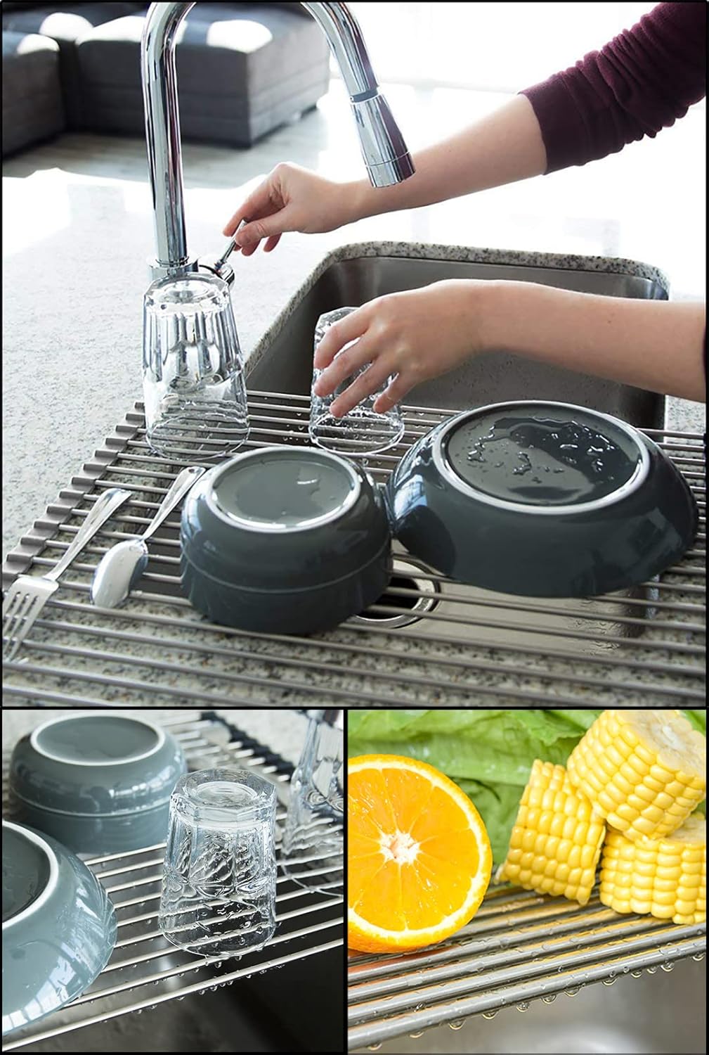 Tomorotec Roll Up Dish Drying Rack Over Sink, 304 Steel, 17.7x15.5, Grey