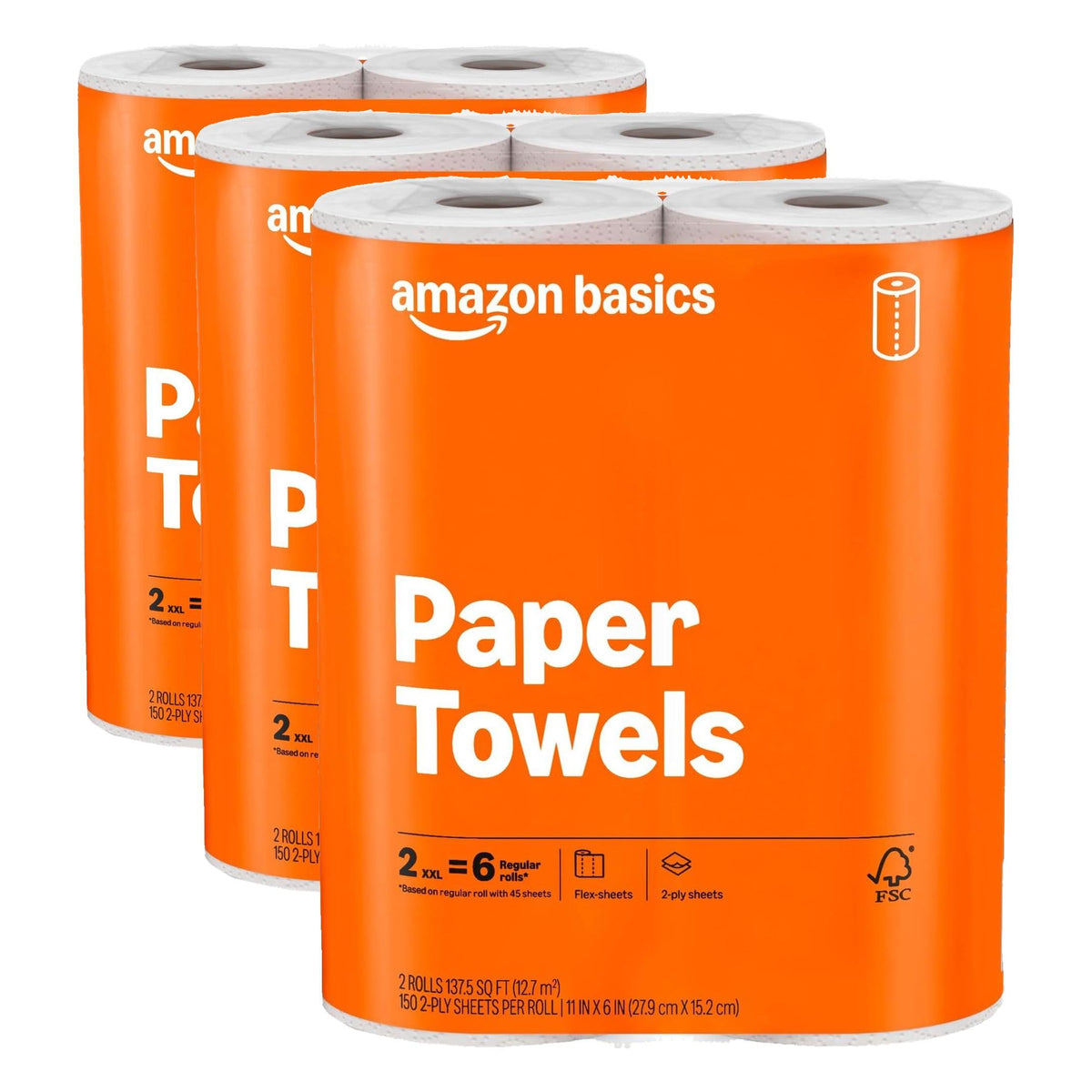 Amazon Basics 2-Ply Flex-Sheets Paper Towels, 2-Pack, 150 Sheets per Roll, 2 Basics Rolls = 6 Regular Rolls, for Everyday Use, Spills and Messes