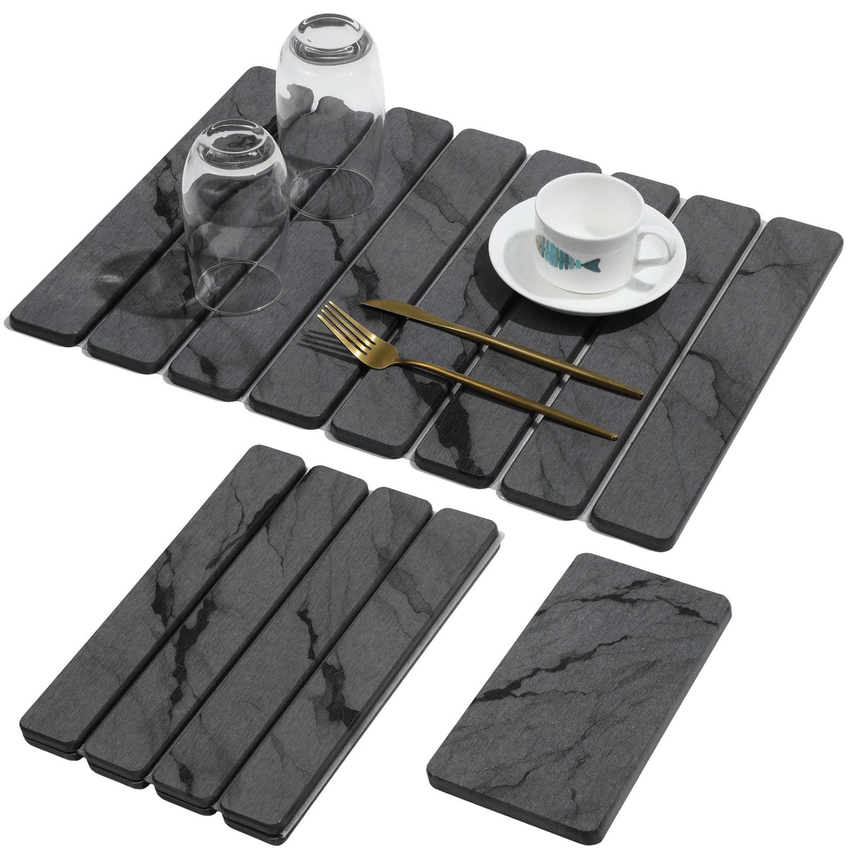 Large Stone Dish Drying Mat for Kitchen Counter, Quick Dry Stone Dishes/Bath Mats,Foldable Water Absorbing Diatomaceous Earth Drying Organizer Pad for Plate Rack Bottles Utensils(Dark Gray 24"×16")