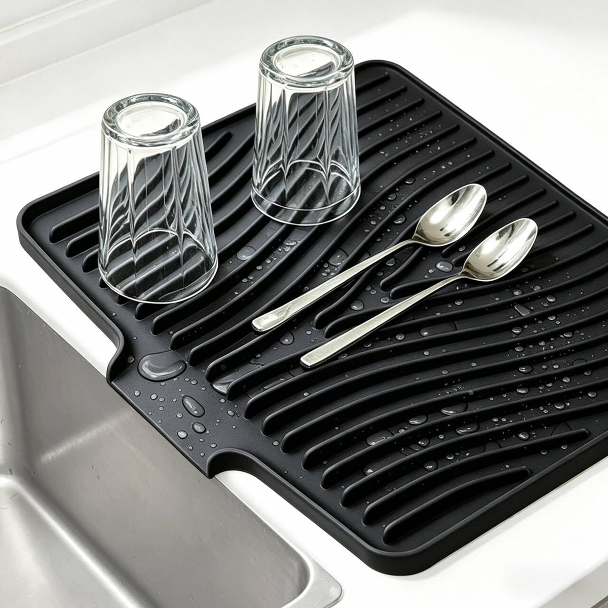 Kitchen Sink Splash Guard Gen2-30" x 6'' Silicone Sink Mat Splash Guard fit for Countertop, Bathroom,Farmhouse,RV by EBIGIC (Black)