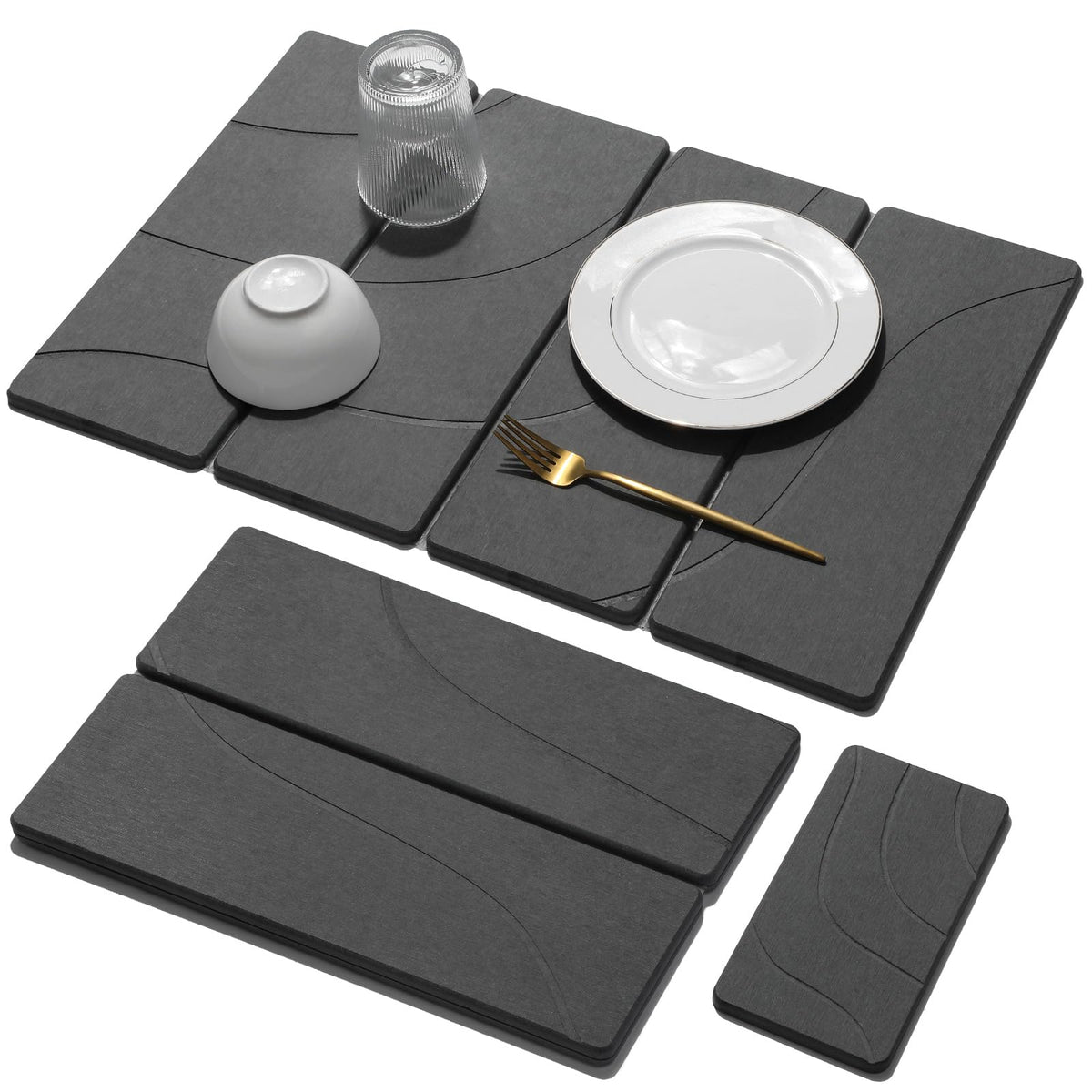 Large Stone Dish Drying Mat for Kitchen Counter, Quick Dry Stone Dishes/Bath Mats,Foldable Water Absorbing Diatomaceous Earth Drying Organizer Pad for Plate Rack Bottles Utensils(Dark Gray 24"×16")
