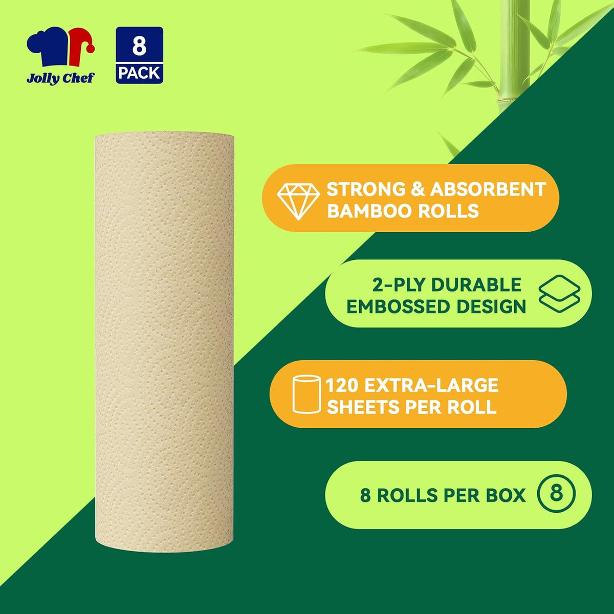 JOLLY CHEF Bamboo Paper Towels, 8 Rolls, 2 Ply, 120 Sheets, Natural Brown