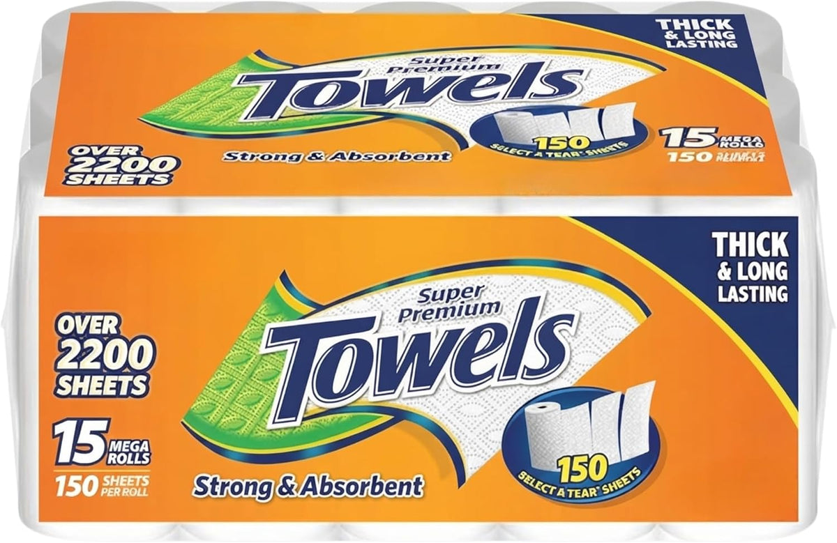 Paper Towels 2-Ply, 15 Mega Rolls with 150 Sheets