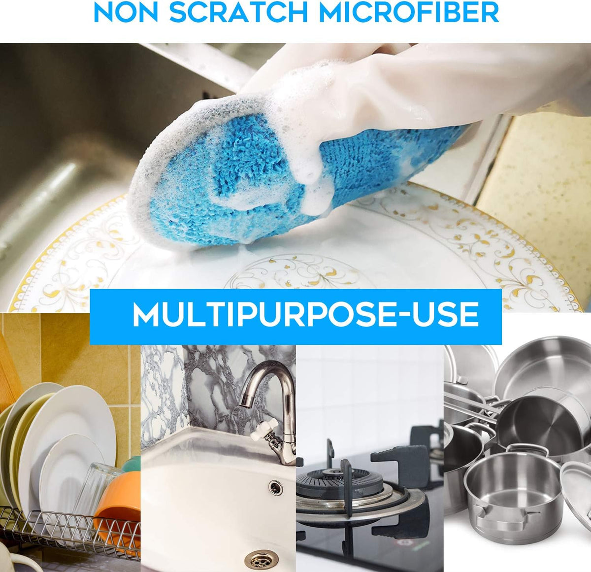 Dual Sided All-Purpose Sponges Kitchen,Dish Sponge for Washing Dishes Cleaning Kitchen,Non Scratch,Rough Scrubbers for Non-Stick Cookware, Soft Microfiber Scrub for Dishes(Bule,6Pack)
