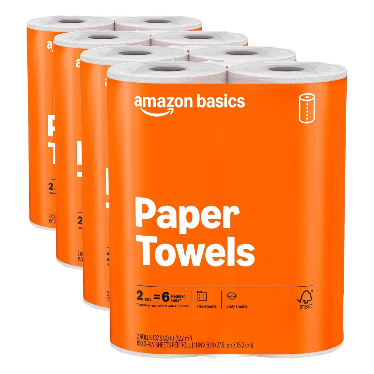 Amazon Basics 2-Ply Flex-Sheets Paper Towels, 2-Pack, 150 Sheets per Roll, 2 Basics Rolls = 6 Regular Rolls, for Everyday Use, Spills and Messes