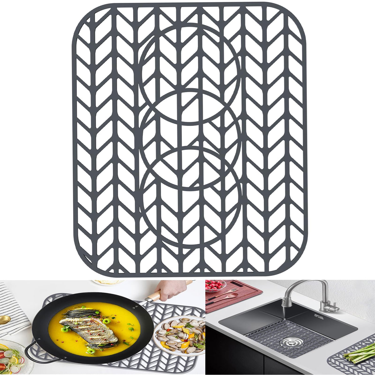 AWOKE Silicone Sink Protectors for Kitchen Sink, 12" x 11" Mat for bottom of sink, Center Drain Hole, Protect from Stains, Scratches, Dishwasher Safe Grid for Kitchen (2 Pack, Gray)