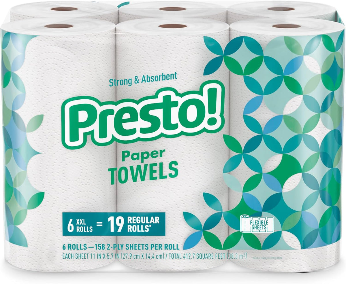Amazon Brand - Presto! Flex-a-Size Kitchen Paper Towels, 2-Ply, Strong and Absorbent, 128 Sheet Family Roll, 2 Rolls