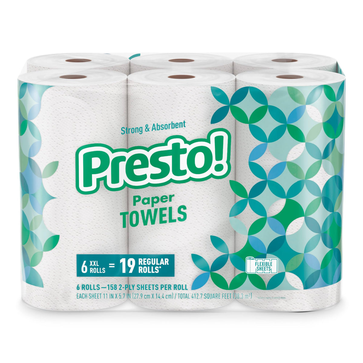 Amazon Brand - Presto! Flex-a-Size Kitchen Paper Towels, 2-Ply, Strong and Absorbent, 128 Sheet Family Roll, 2 Rolls