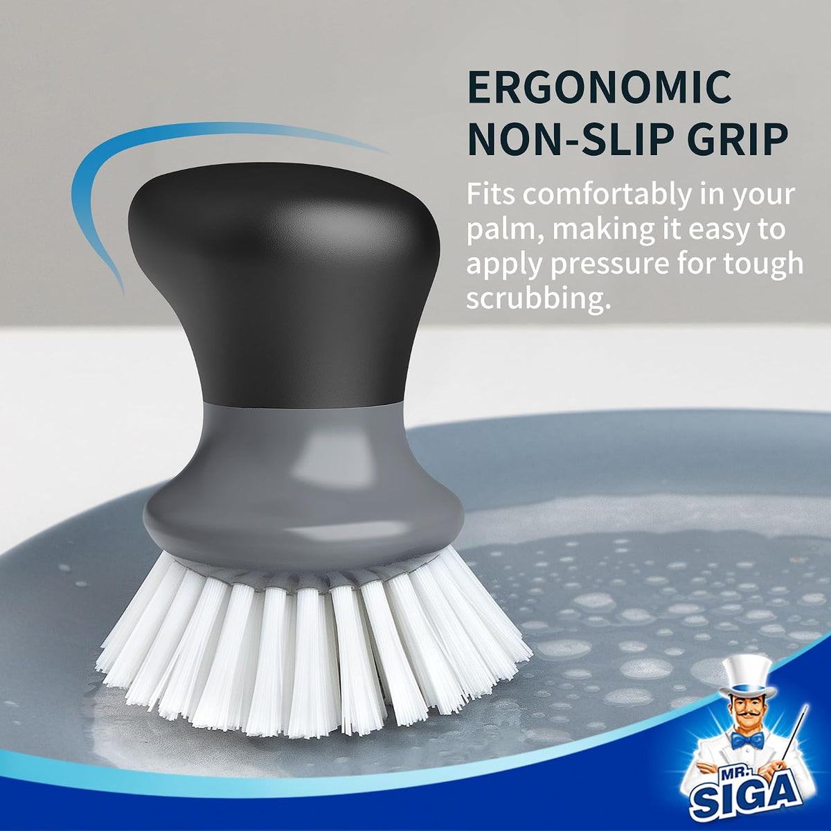 MR.SIGA Dish Scrub Brush, Palm Brush Dish Scrubber, Gray, Pack of 2