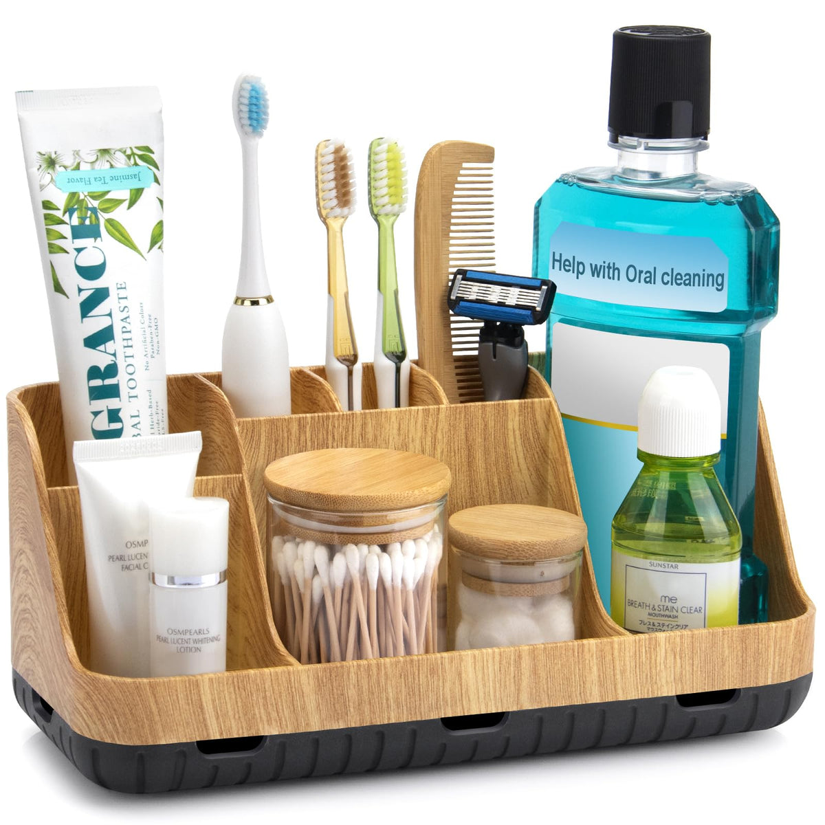 GFWARE Bathroom Toothbrush Holder Set with 2 Pack Qtip Holder Dispenser - 7 Slots Kids Bathroom Accessory Sets with Drainage, Q Tip Holder for Bathroom Sink Counter Accessories Set