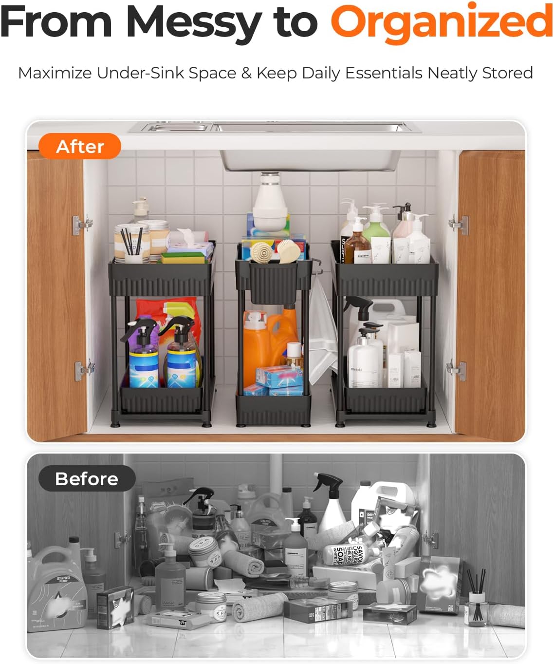 Sevenblue 3-Pack 2-Tier Under Sink Organizers with Sliding Drawers