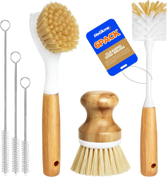 Holikme 6 Pack Dish Brush with Bottle Brush Scrub Brush Straw,Yellow