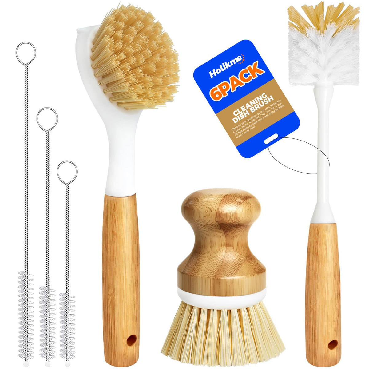 Holikme 6 Pack Dish Brush with Bottle Brush Scrub Brush Straw,Yellow