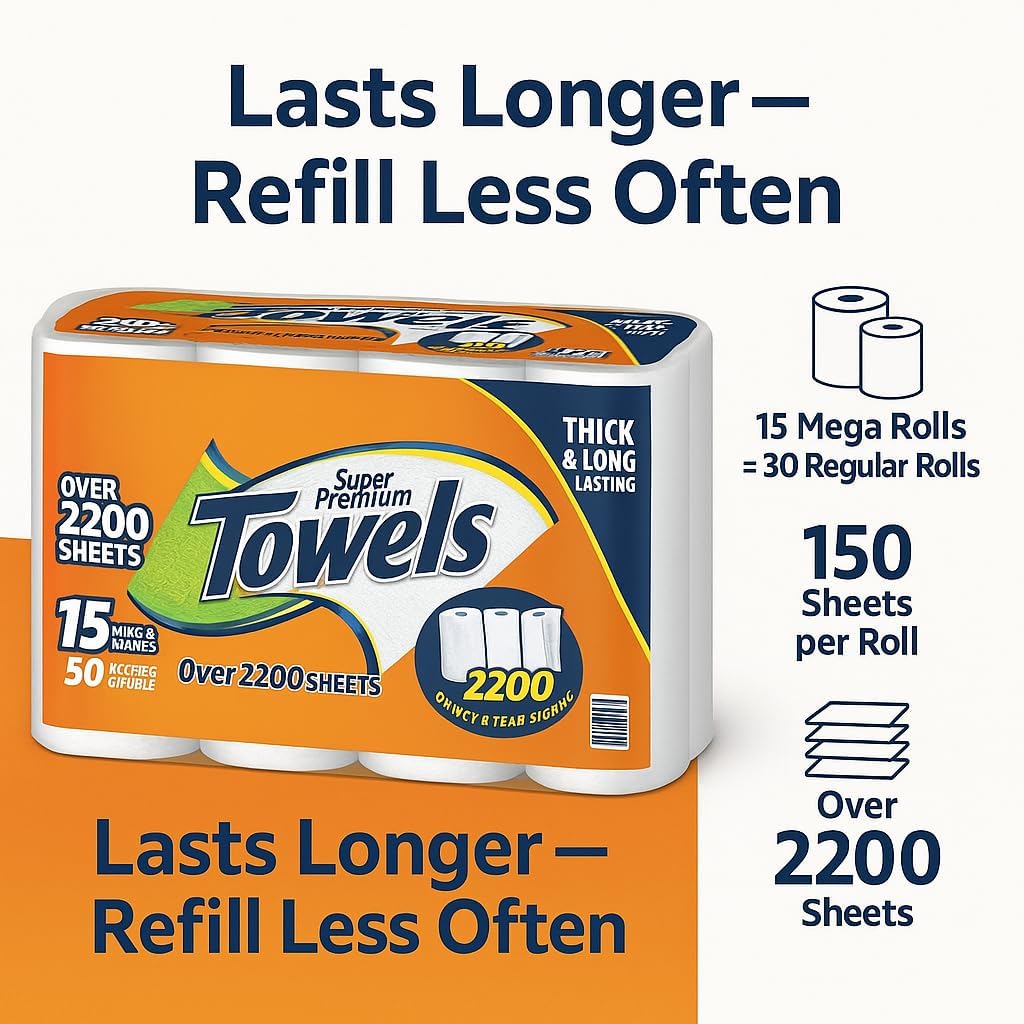 Paper Towels 2-Ply– 15 Mega Rolls, 150 Sheets per Roll, Select & Tear Sheets, Strong and Absorbent, Bulk Pack for Kitchen, Office, Cleaning – Thick & Long Lasting, Lint-Free Disposable Towels