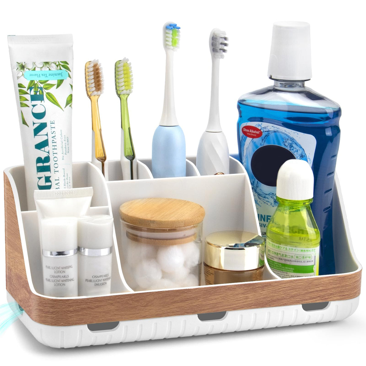 GFWARE Bathroom Toothbrush Holder Set with 2 Pack Qtip Holder Dispenser - 7 Slots Kids Bathroom Accessory Sets with Drainage, Q Tip Holder for Bathroom Sink Counter Accessories Set