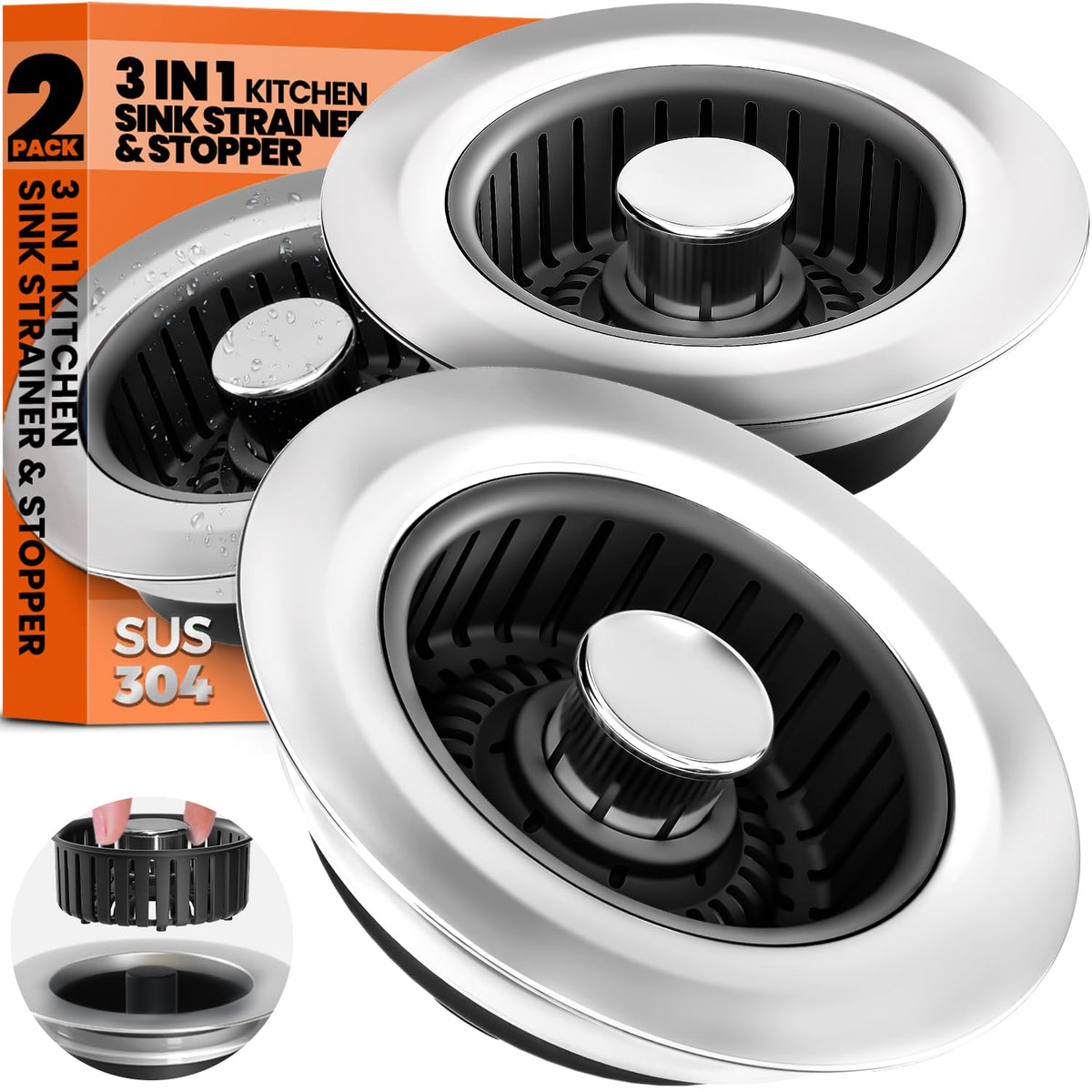 3 in 1 Kitchen Sink Drain Strainer Stopper Basket Pop Up Silver