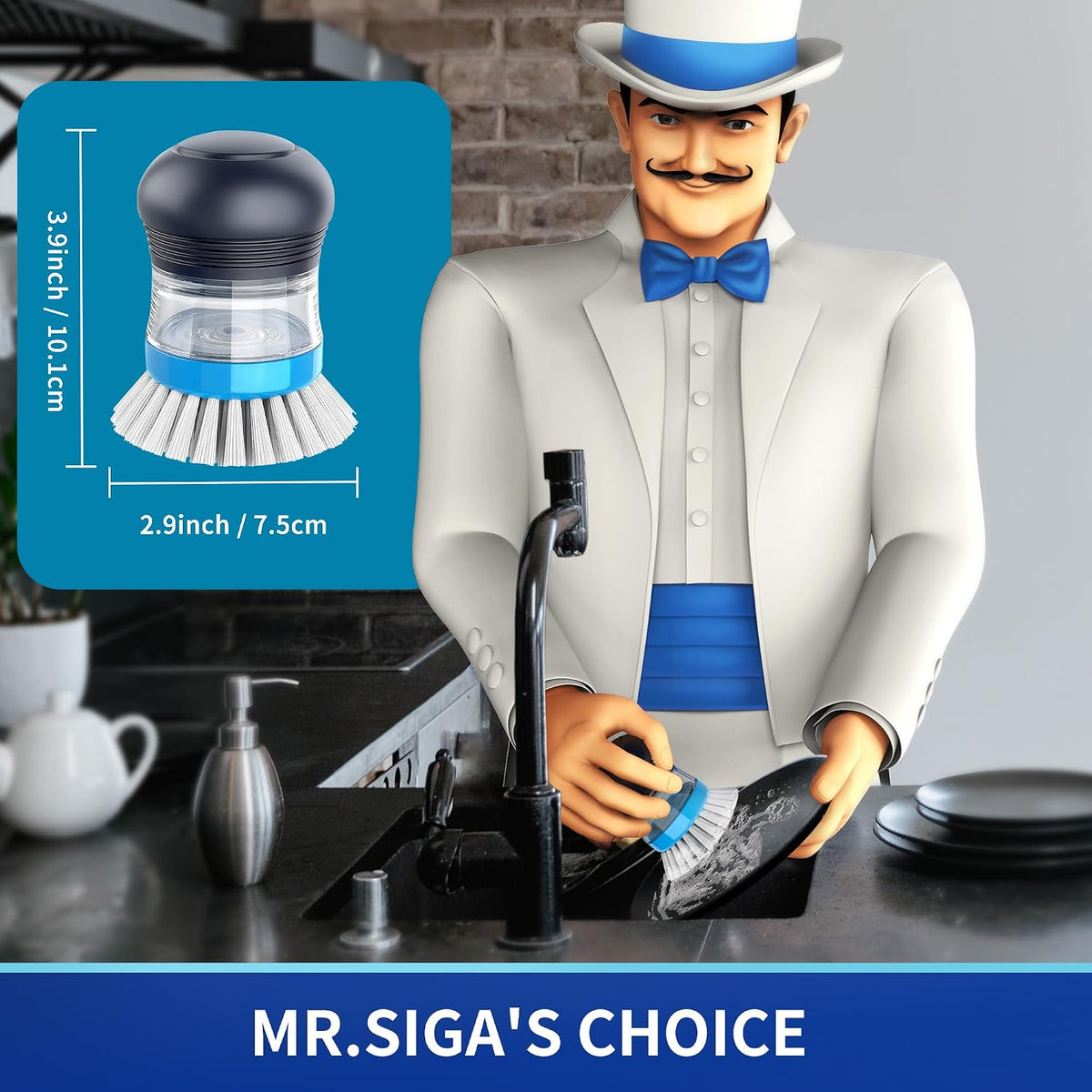 MR.SIGA Soap Dispensing Palm Brush, 2 Pack, Navy/Blue