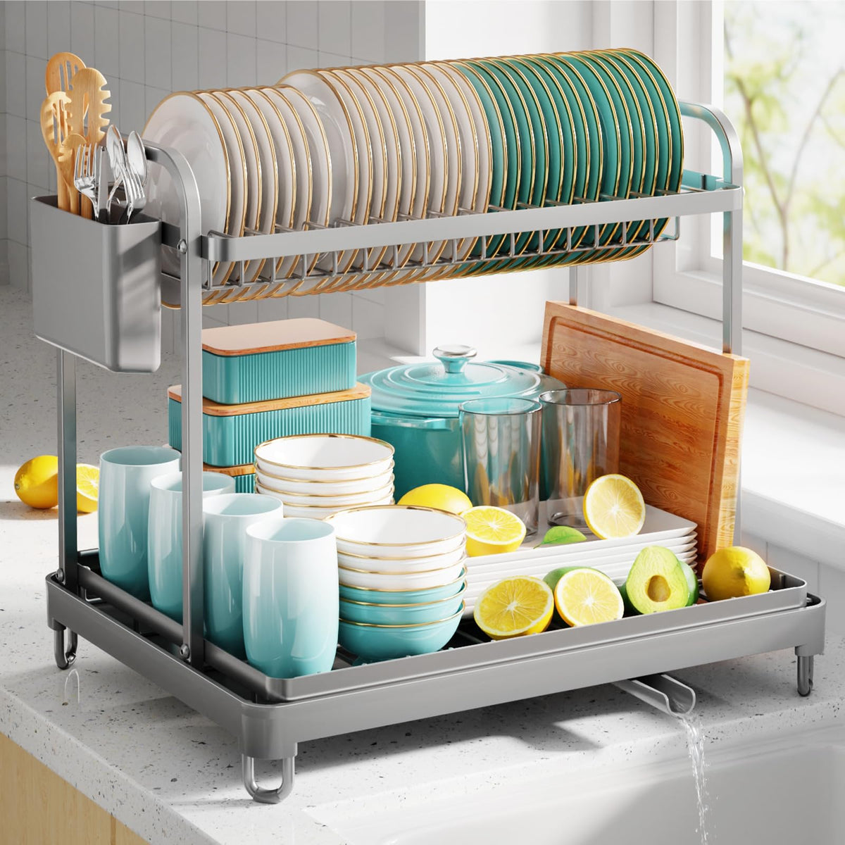 Sakugi 2-Tier Dish Drying Rack - Stainless Steel Dish Rack with Cutlery & Utensil Holders for Kitchen Counter, Sink Organization and Storage for Small Family, 15" W x 11.4" L x 15" H, Black