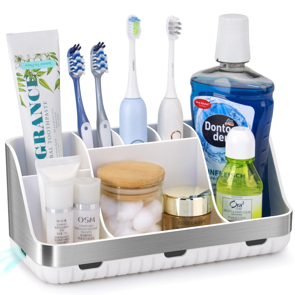 GFWARE Bathroom Toothbrush Holder Set with 2 Pack Qtip Holder Dispenser - 7 Slots Kids Bathroom Accessory Sets with Drainage, Q Tip Holder for Bathroom Sink Counter Accessories Set