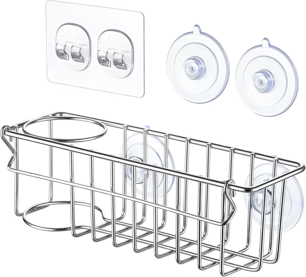 3-In-1 Sponge Holder for Kitchen Sink with Suction Cups & Adhesive Hook , In-sink Sponge Holder, Wall Hanging Sink Caddy Organizer Rack - Sponge, Dish Cloth, Brush, Scrubber - 304 Stainless Steel