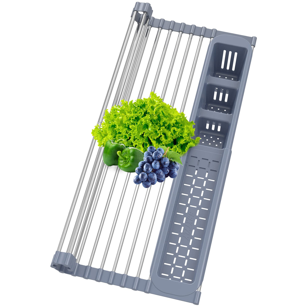 BBXTYLY Expandable Roll Up Dish Drying Rack Up to 22.8''with 2 Storage Baskets,Over The Sink Kitchen Rolling up Dish Drainer Drying Rack, Foldable,Rollable,for Kitchen Dishes(Expandable Width Size)