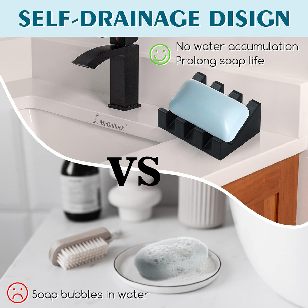 Self Draining Silicone Soap Dish Holder Waterfall Tray, 2 Pack Black
