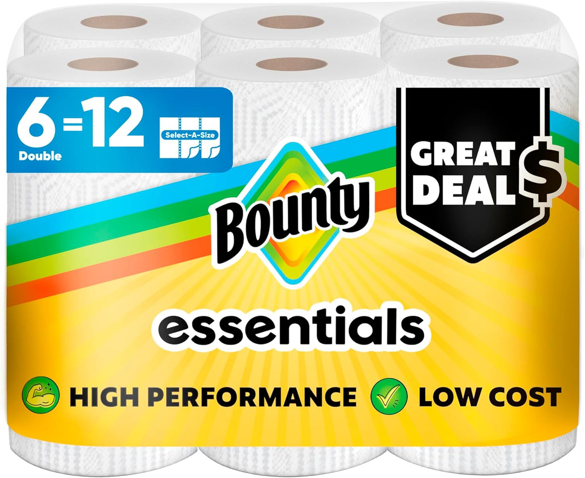 Bounty Essentials Select-A-Size Paper Towels, 6 Double Rolls, White, 108 Sheets Per Roll