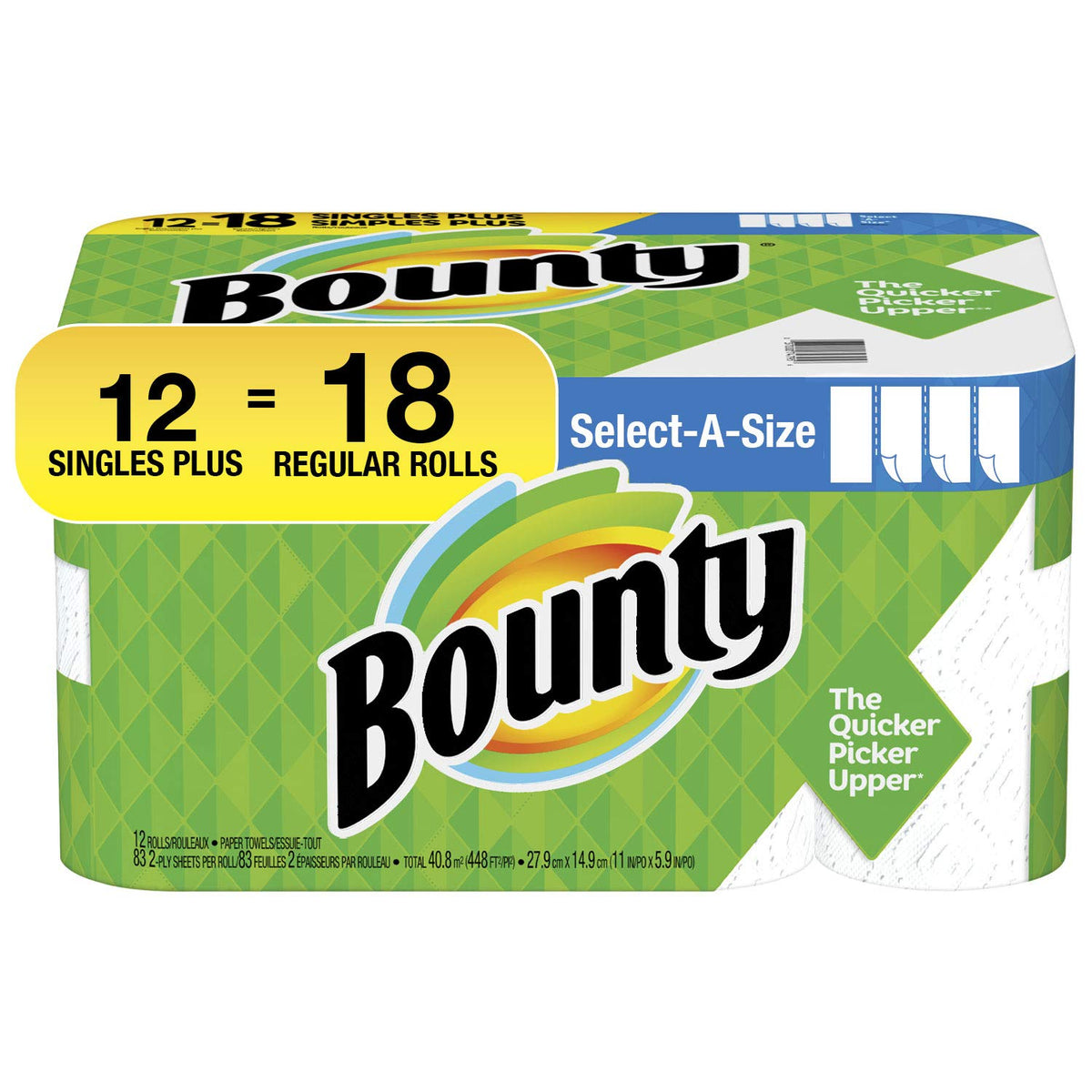 Bounty Paper Towels Select-A-Size, White, 2 Double Plus Rolls = 5 Regular Rolls