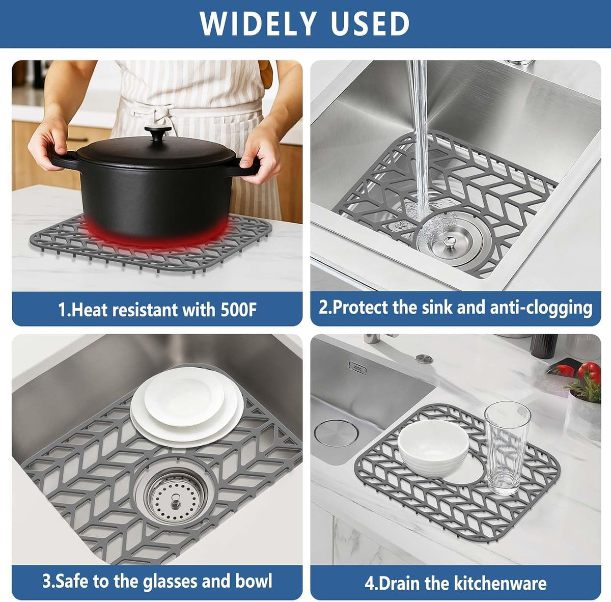 AWOKE Silicone Sink Protectors for Kitchen Sink, 12" x 11" Mat for bottom of sink, Center Drain Hole, Protect from Stains, Scratches, Dishwasher Safe Grid for Kitchen (2 Pack, Gray)