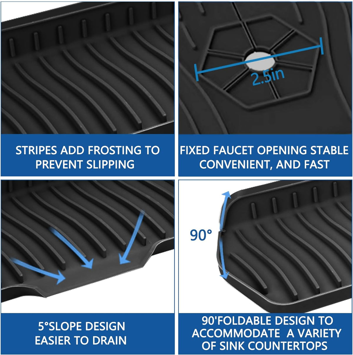 Kitchen Sink Splash Guard Gen2-30" x 6'' Silicone Sink Mat Splash Guard fit for Countertop, Bathroom,Farmhouse,RV by EBIGIC (Black)