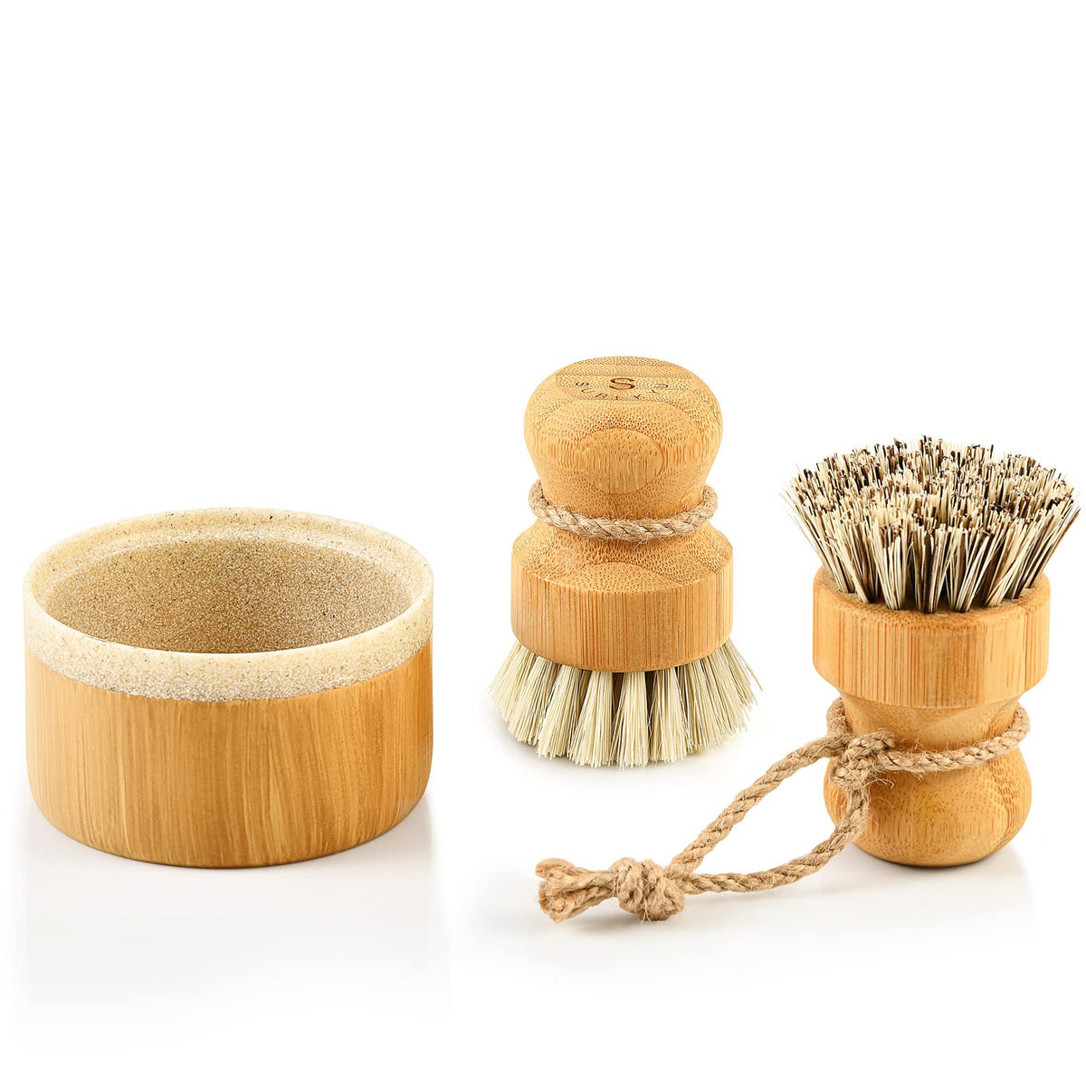 SUBEKYU Bamboo Dish Scrub Brush,Produce Brush,3 Pack with Ceramic Holder