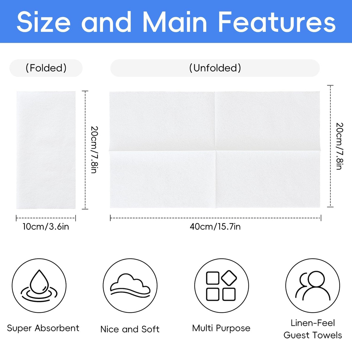 JEBBLAS 100Pcs Disposable Guest Towels, Linen Feel Hand Towels, Cloth-Like Paper Napkins, Soft, Absorbent Paper Hand Towel for Kitchen, Parties, Bathroom, Restaurant, Events, 7.8” X 15.7” White