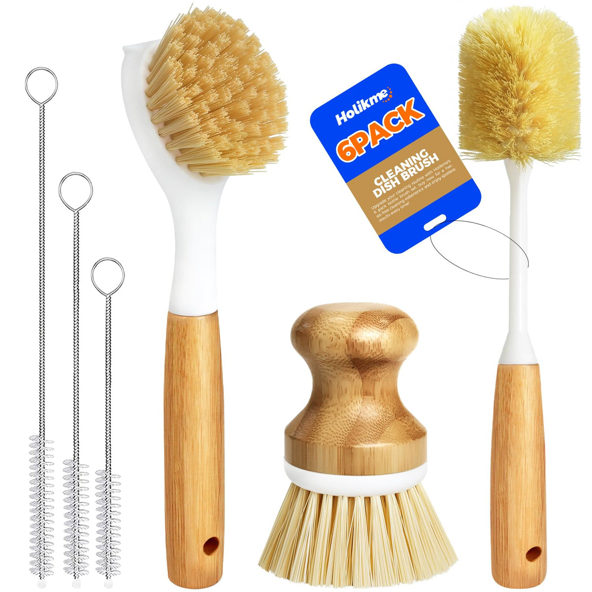 Holikme 6 Pack Dish Brush with Bottle Brush Scrub Brush Straw,Yellow