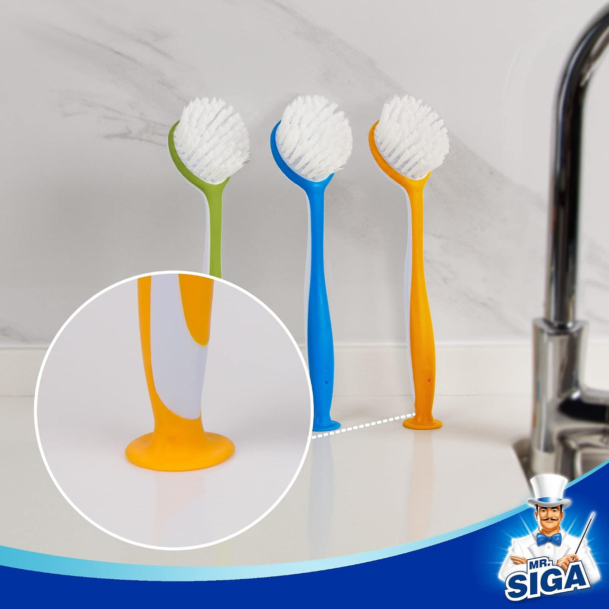 MR.SIGA Round Dish Brush with Suction Cup, Pack of 3