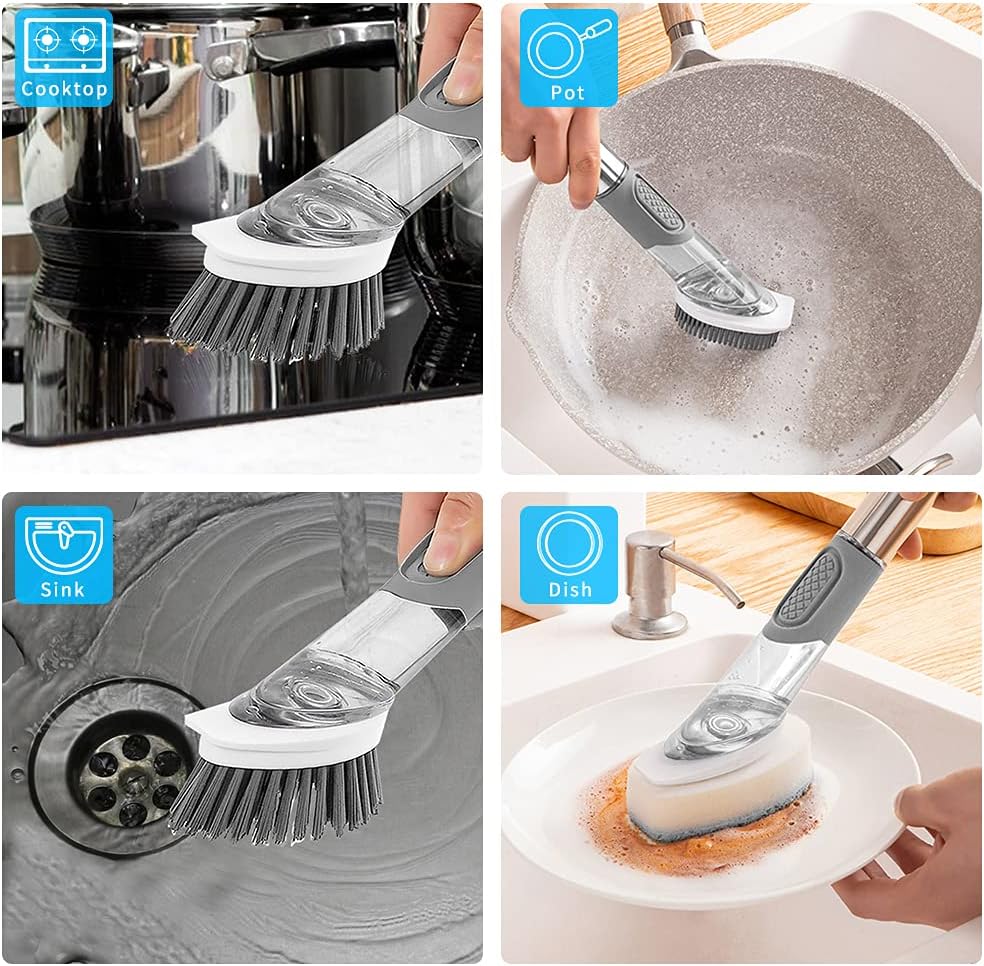 4-in-1 Dish Cleaning Brush Soap Dispensing Dish Brush Set with 4 Replacement Heads and Storage Holder, Kitchen Scrub Brush for Dish Pot Pan Sink Cleaning (Grey)