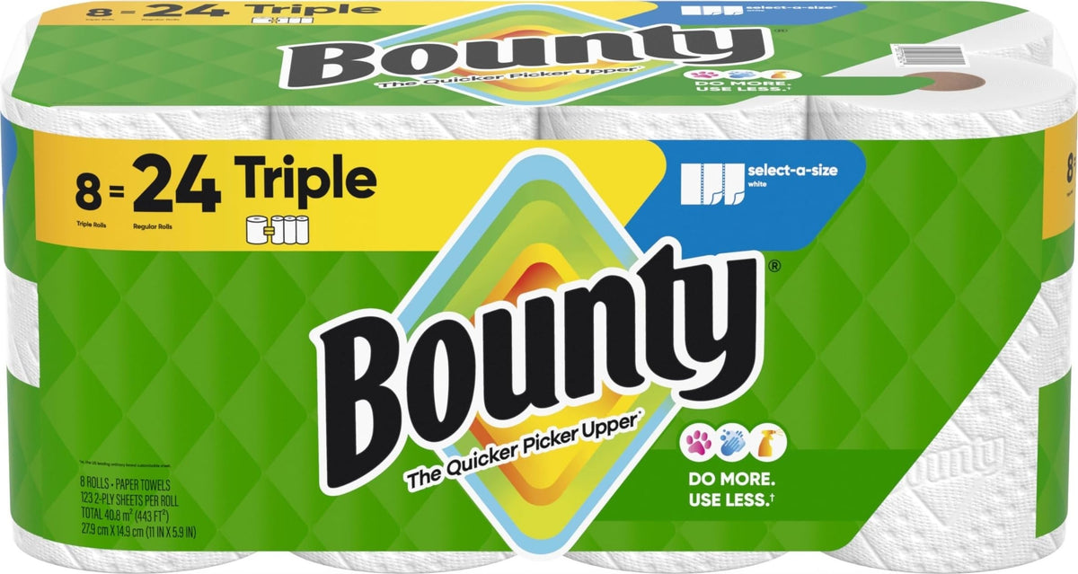 Bounty Paper Towels Select-A-Size, White, 8 Triple Rolls = 24 Regular Rolls
