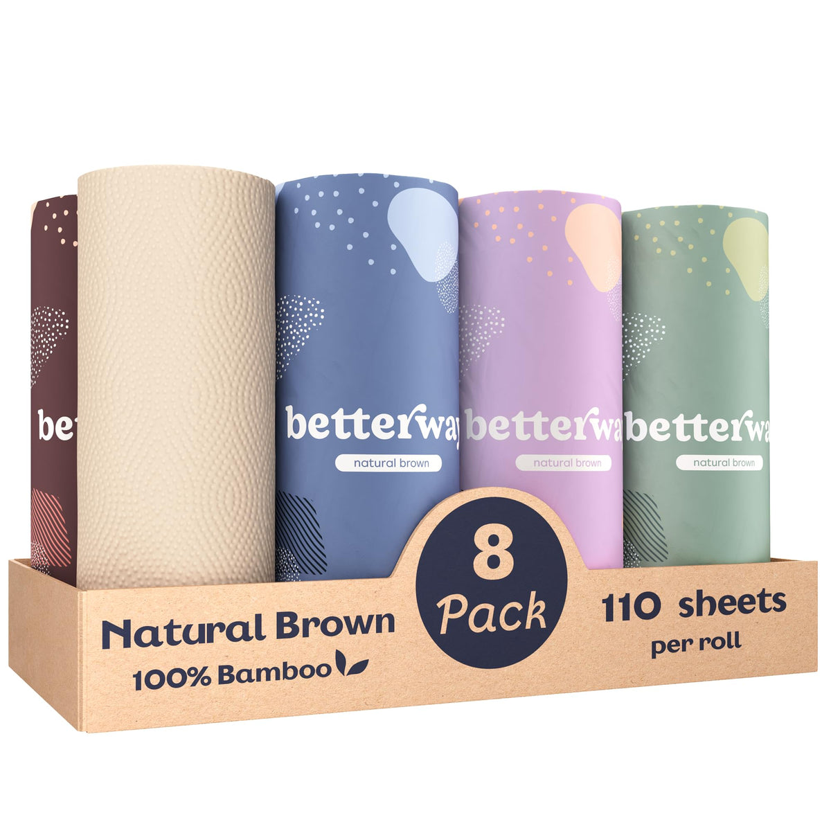 Betterway Bamboo Paper Towels - 6 Rolls, 2 Ply - Plastic Free, Disposable Kitchen Paper Towels - Select Size, Tree Free, Compostable, Strong & Absorbent, No Dyes - PFAS Free