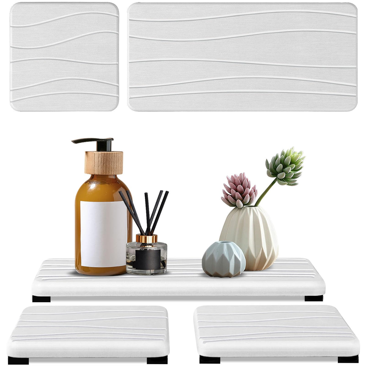 3PCS Water Absorbing Stone Tray, DryingNeat Diatomite Stone Sink Tray, Instant Dry Sink Coasters, Kitchen Sponge Hand Soap Holder, Countertop Fast Drying Counter Trays,8 * 4inch and 4 * 4inch