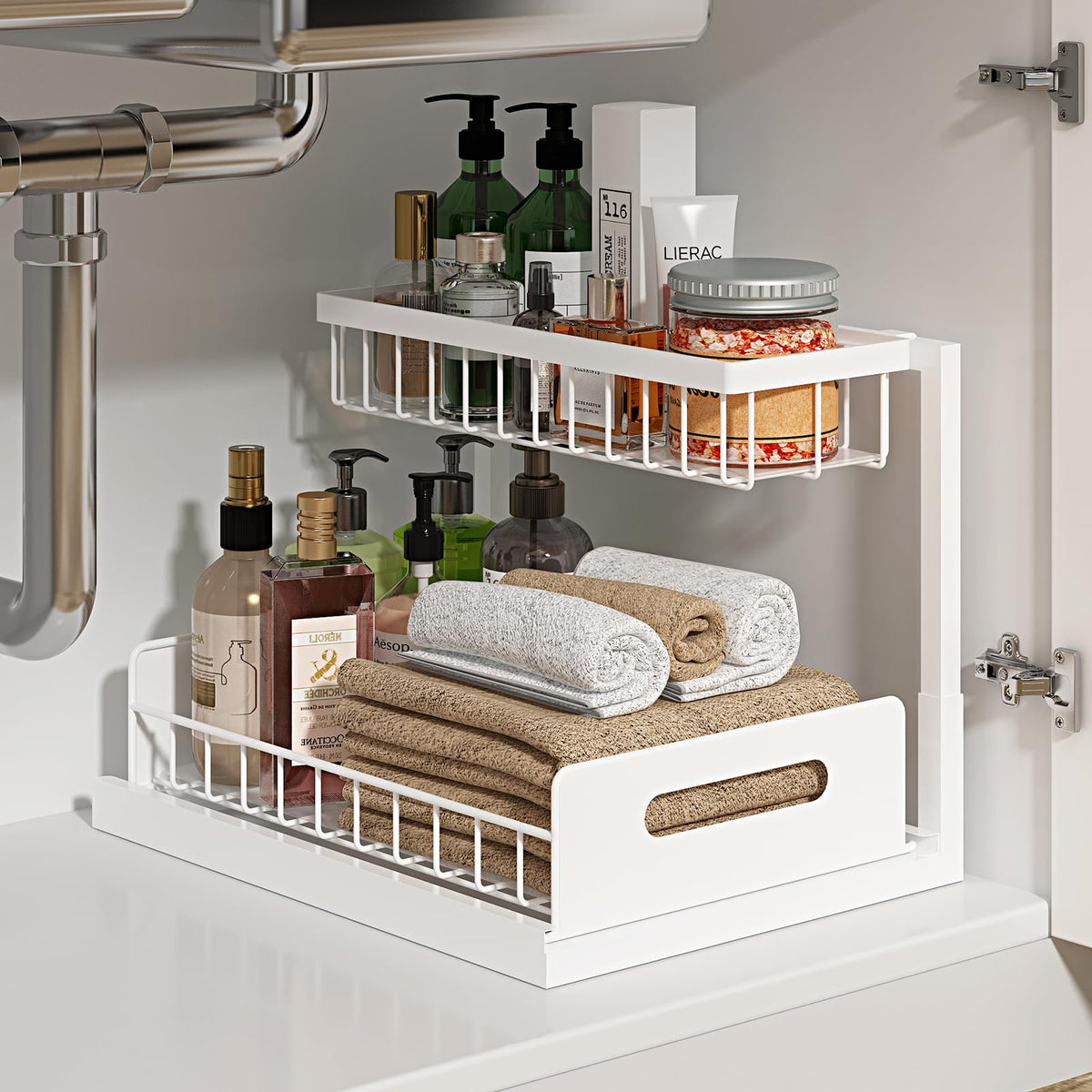 REALINN Under Sink Organizer, L-Shaped 2 Tier Pull Out Cabinet Organizer