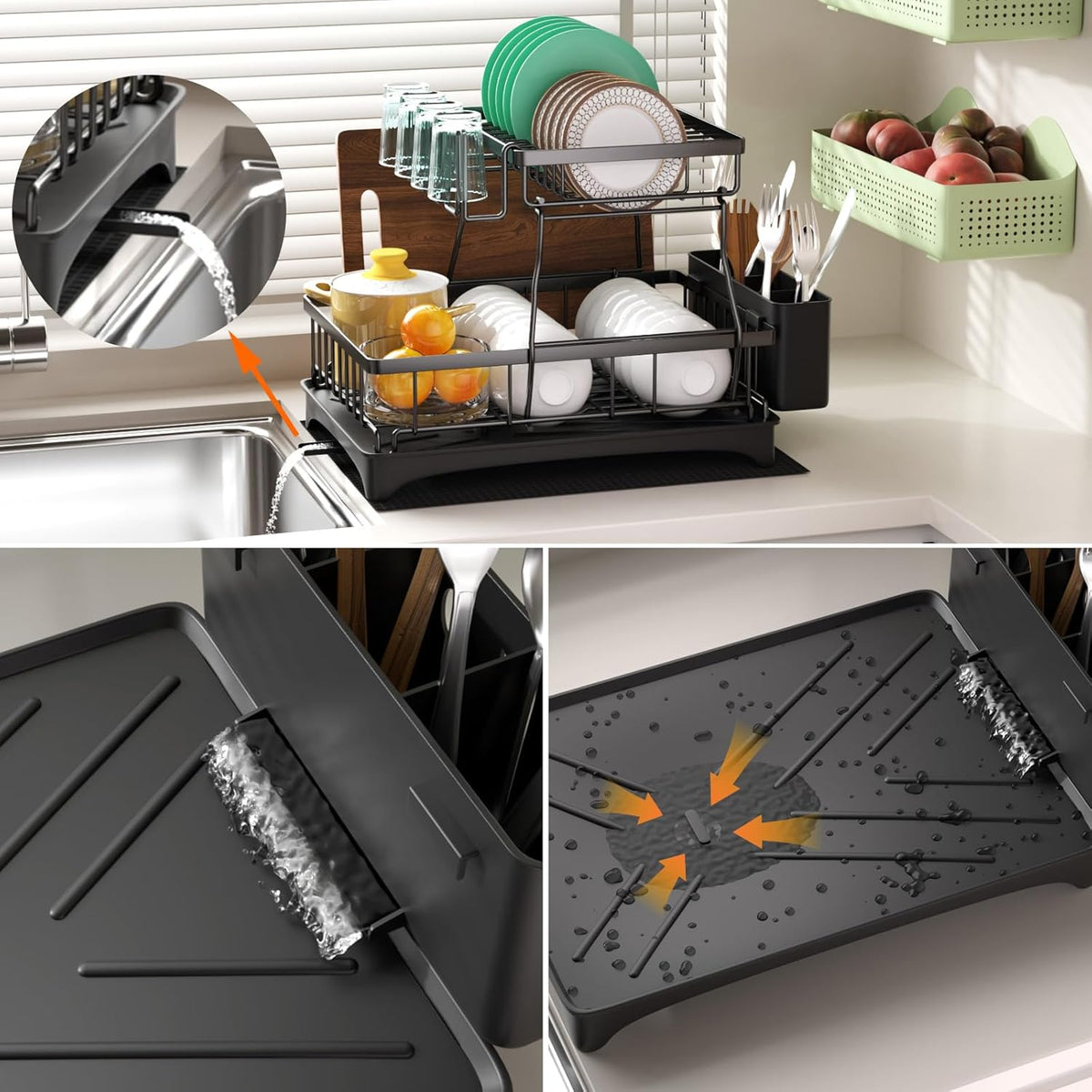 Godboat 2-Tier Dish Drying Rack - Dish Rack with Auto Drain-to-Sink & Mat