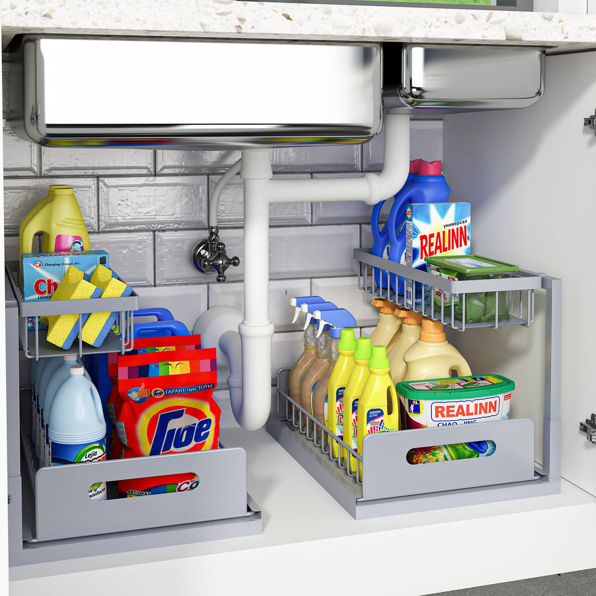 REALINN Under Sink Organizer, L-Shaped 2 Tier Pull Out Cabinet Organizer