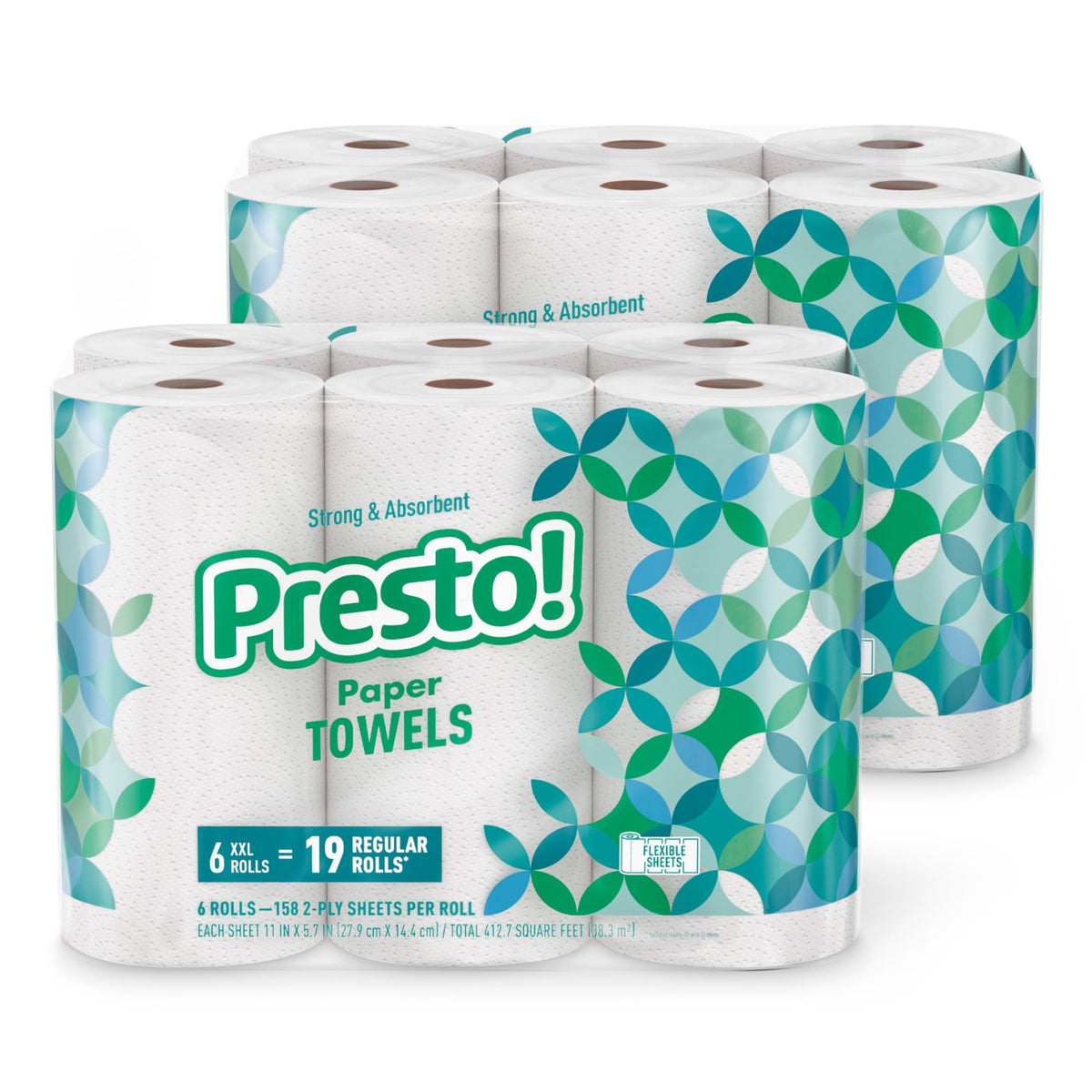 Amazon Brand - Presto! Flex-a-Size Kitchen Paper Towels, 2-Ply, Strong and Absorbent, 128 Sheet Family Roll, 2 Rolls